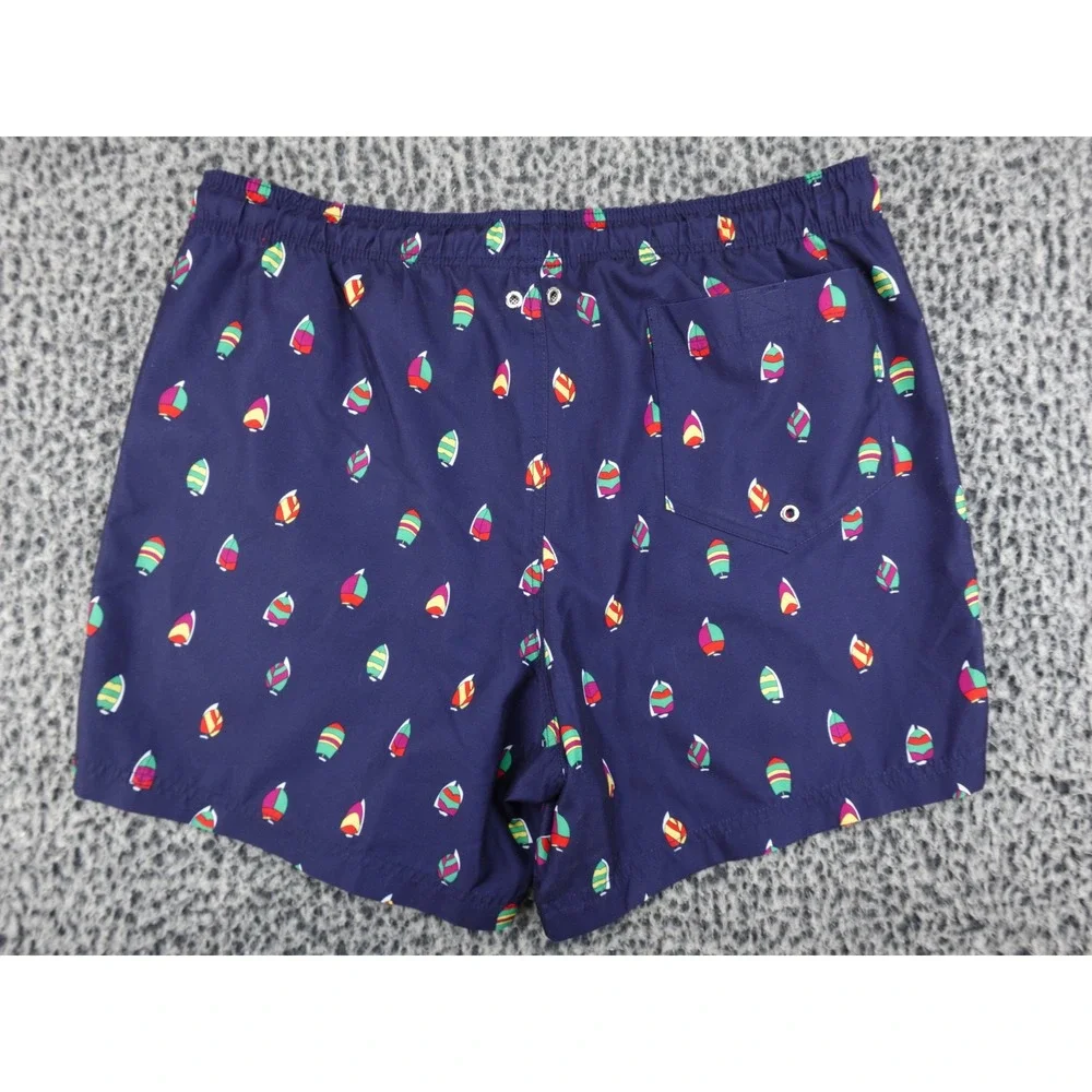Lands End Mens Swim Trunks Large 36-38 Navy‎ Blue Sailboat Print Mesh Lined 6in